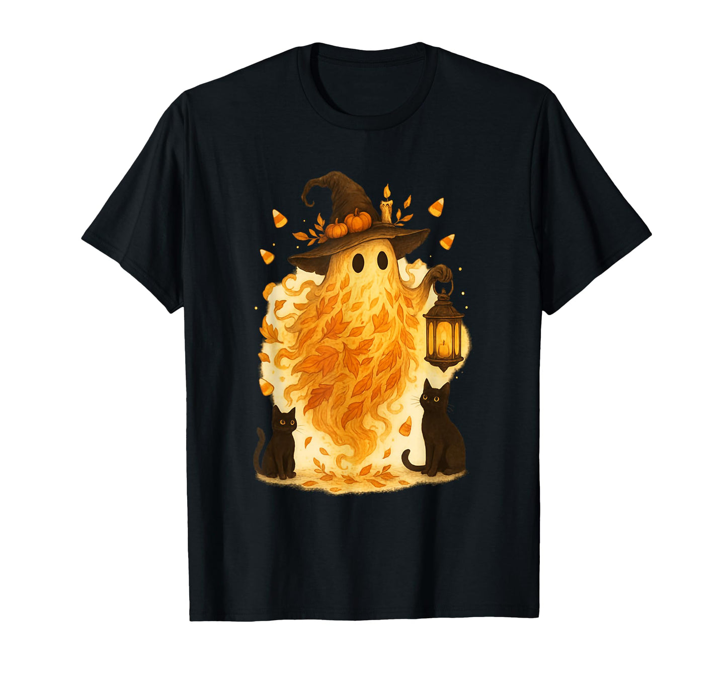 Halloween Witch Hat Ghost and Black Cat Groovy Floral Autumn T-Shirt