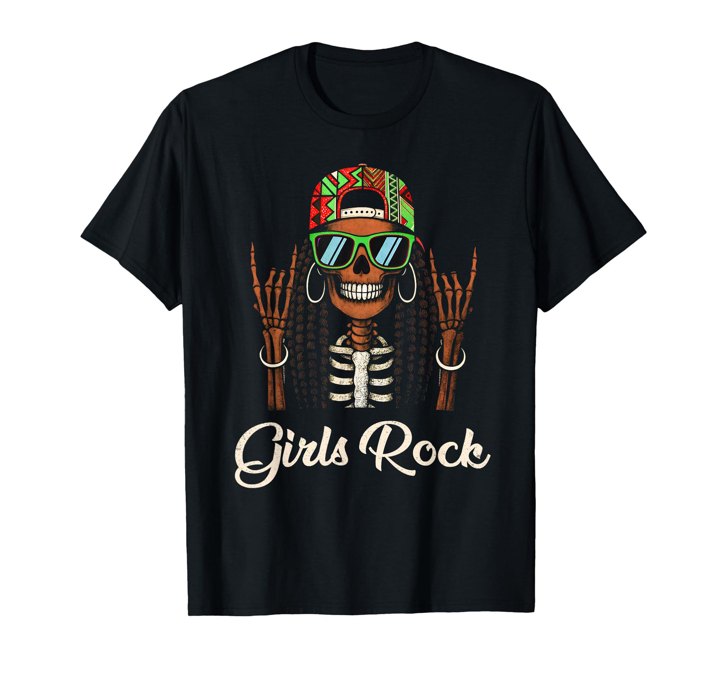 Girls Rock Afro Woman Rocker Cool Skeleton Kids Teens T-Shirt