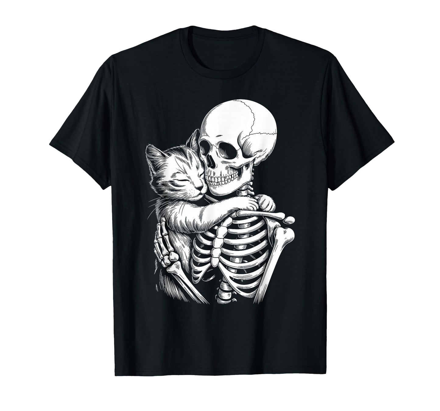 Skeleton Hugging Cat Lover Spooky Season Halloween T-Shirt