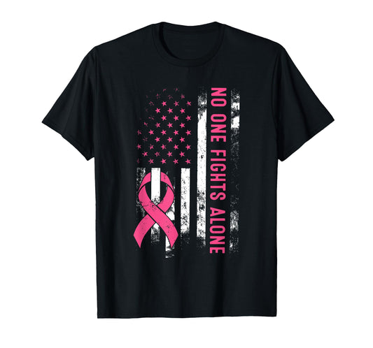 No One Fights Breast Cancer Alone American Flag Pink Ribbon T-Shirt