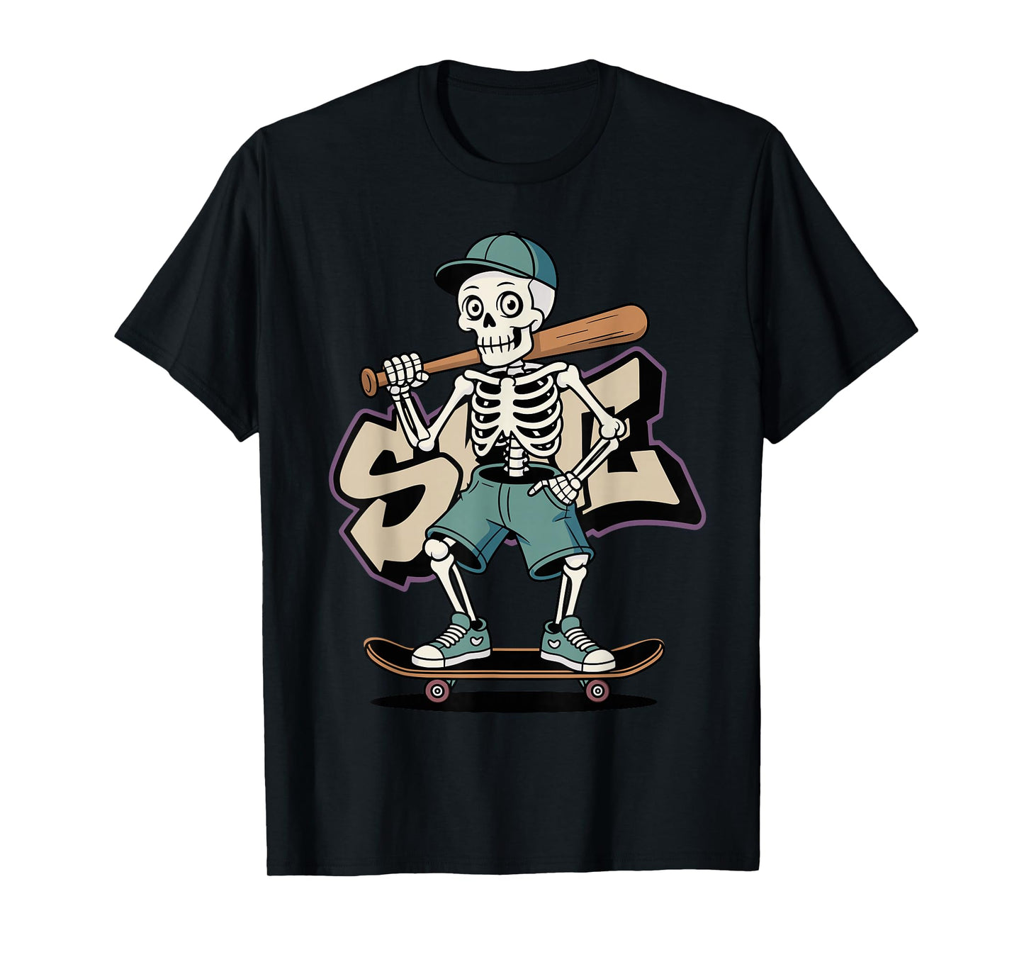 Halloween Skeleton Baseball Skateboard Street Graphic T-Shirt