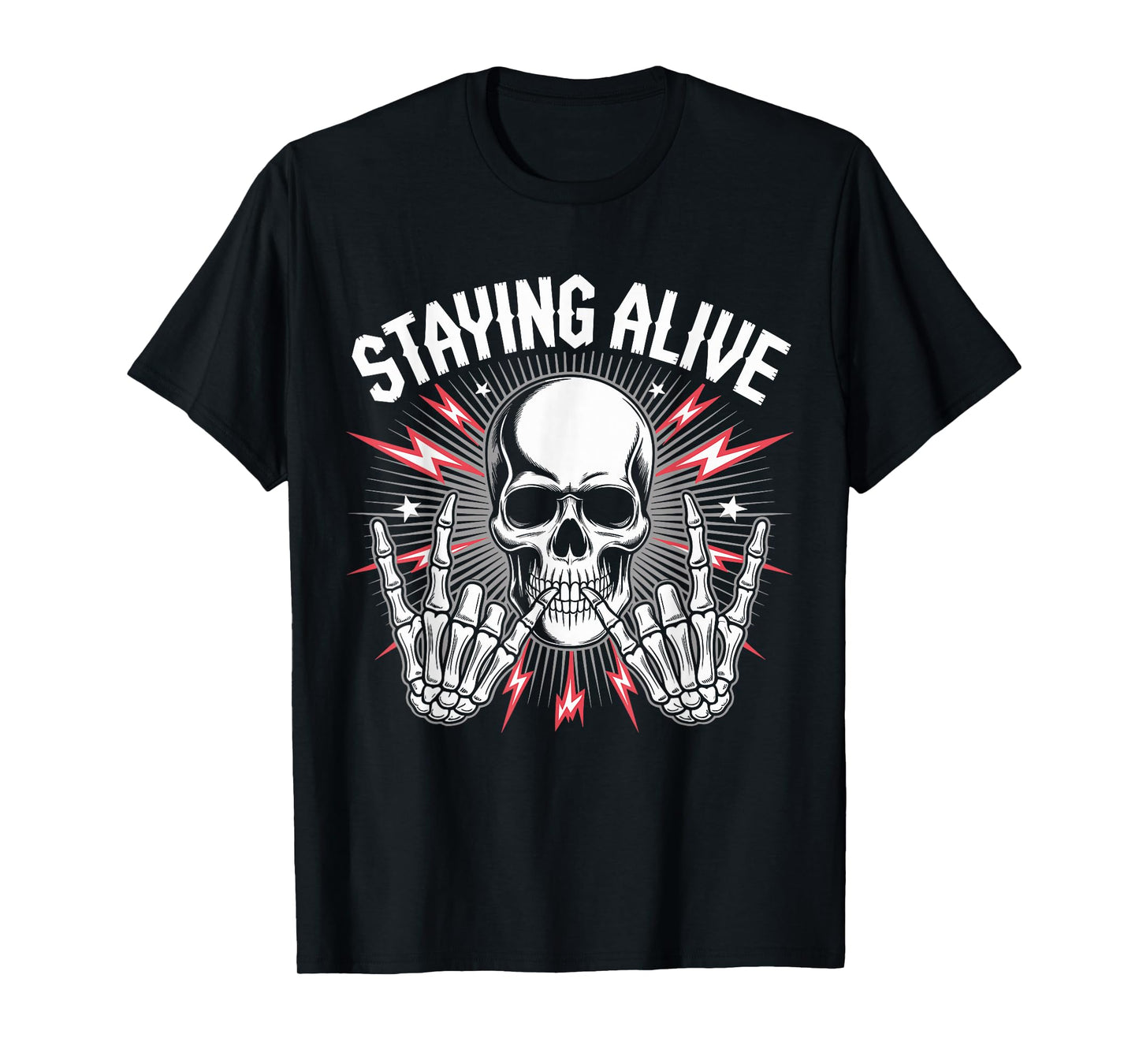 Staying Alive Skeleton Skull Rock Hand Retro Halloween T-Shirt