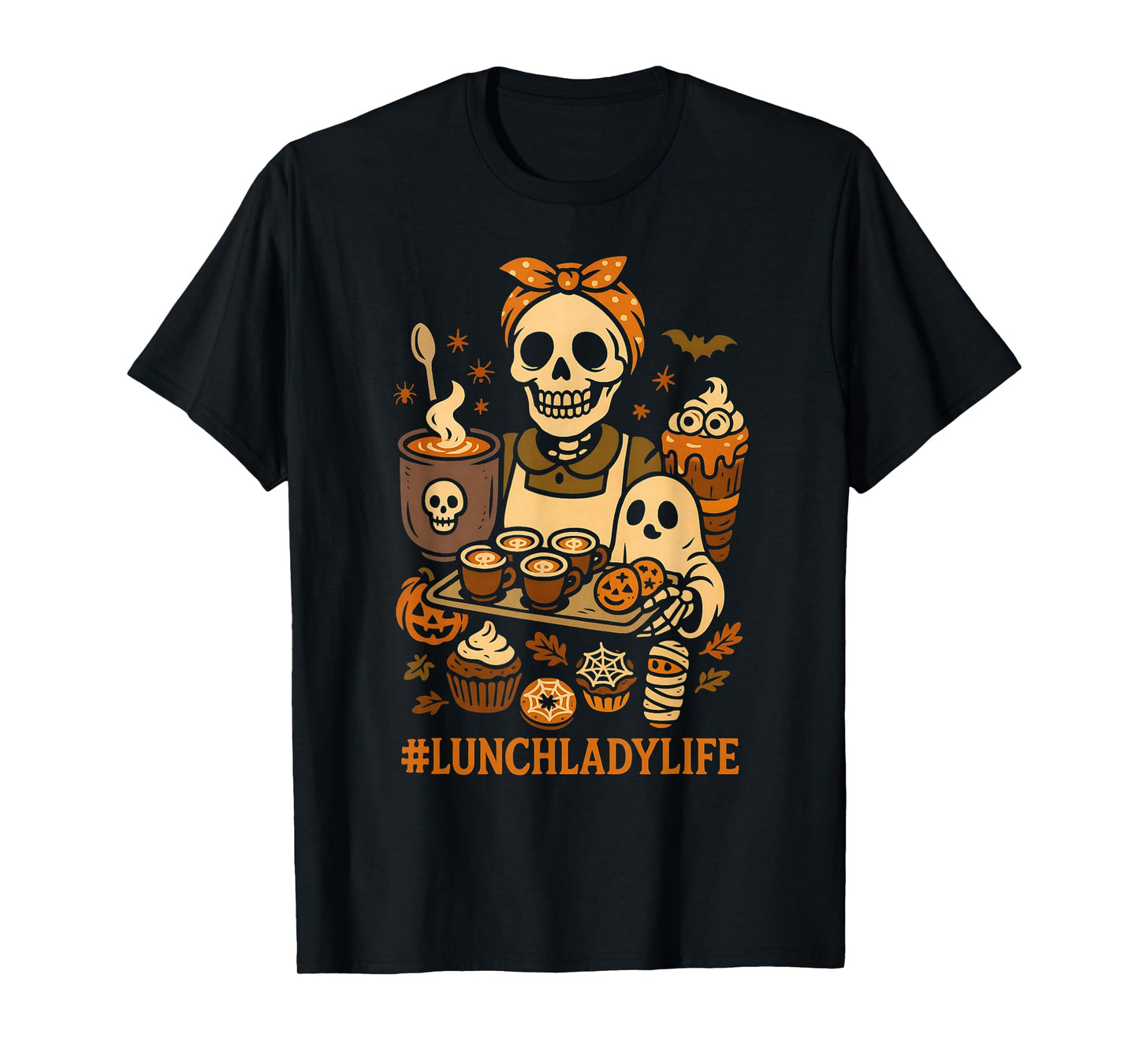 Skeleton Lunch Lady Coffee Cafeteria Crew Spooky Halloween T-Shirt