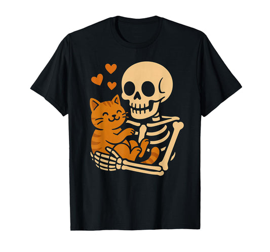 Cute Skeleton Hugging Cat Pet Funny Lazy Halloween Costume T-Shirt