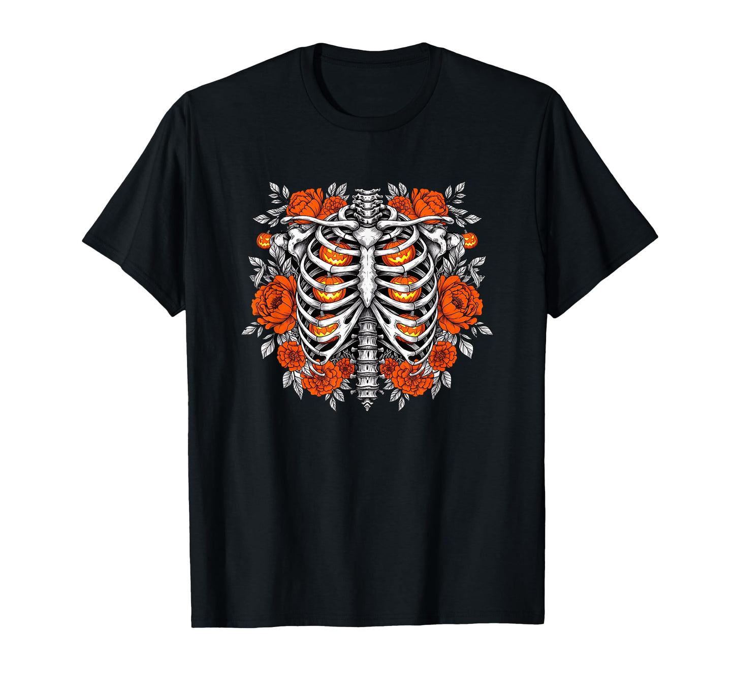 Skeleton Ribcage Floral with Pumpkins Design T-Shirt