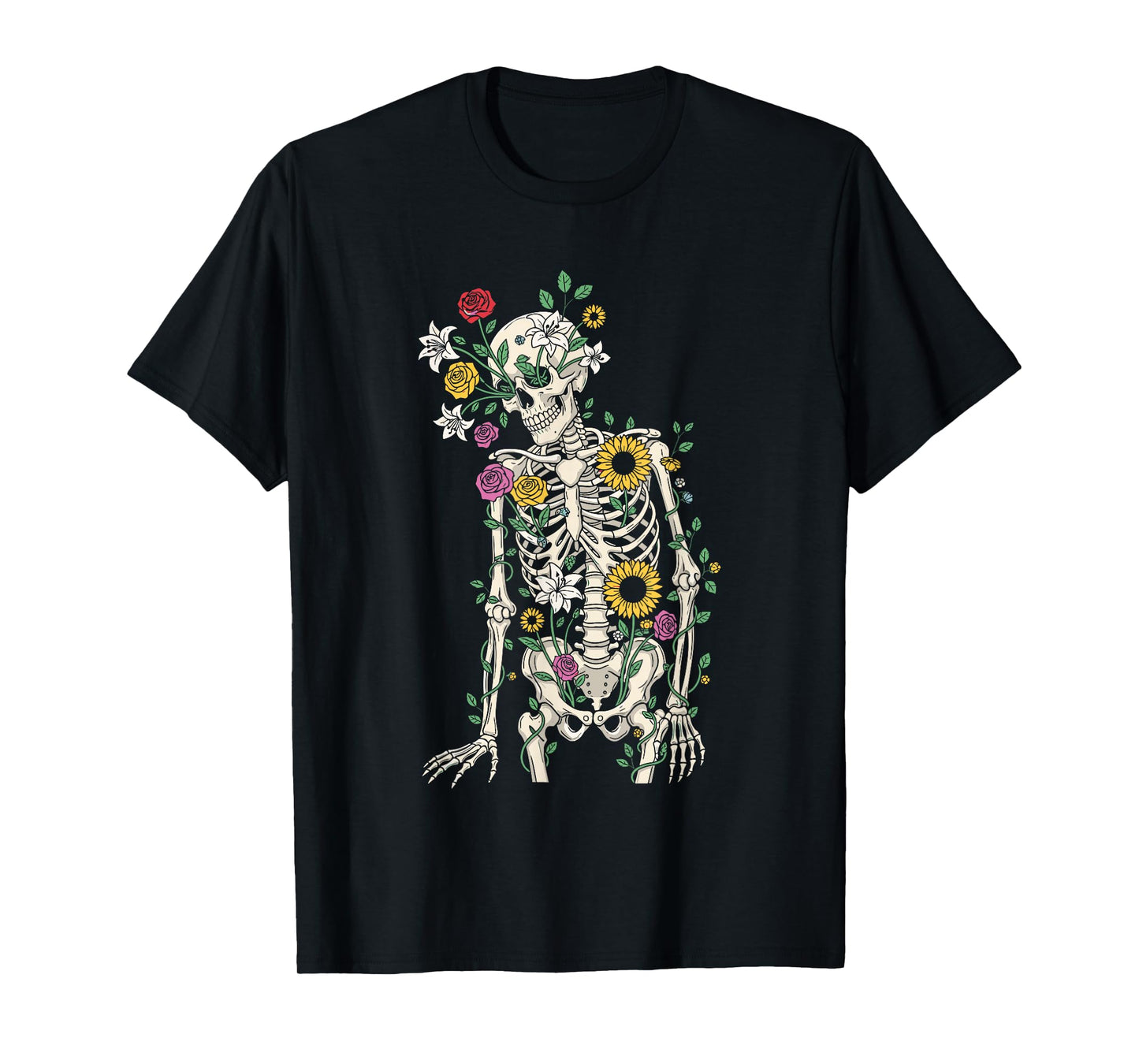 Skeleton with Sunflowers and Roses Funny Halloween T-Shirt