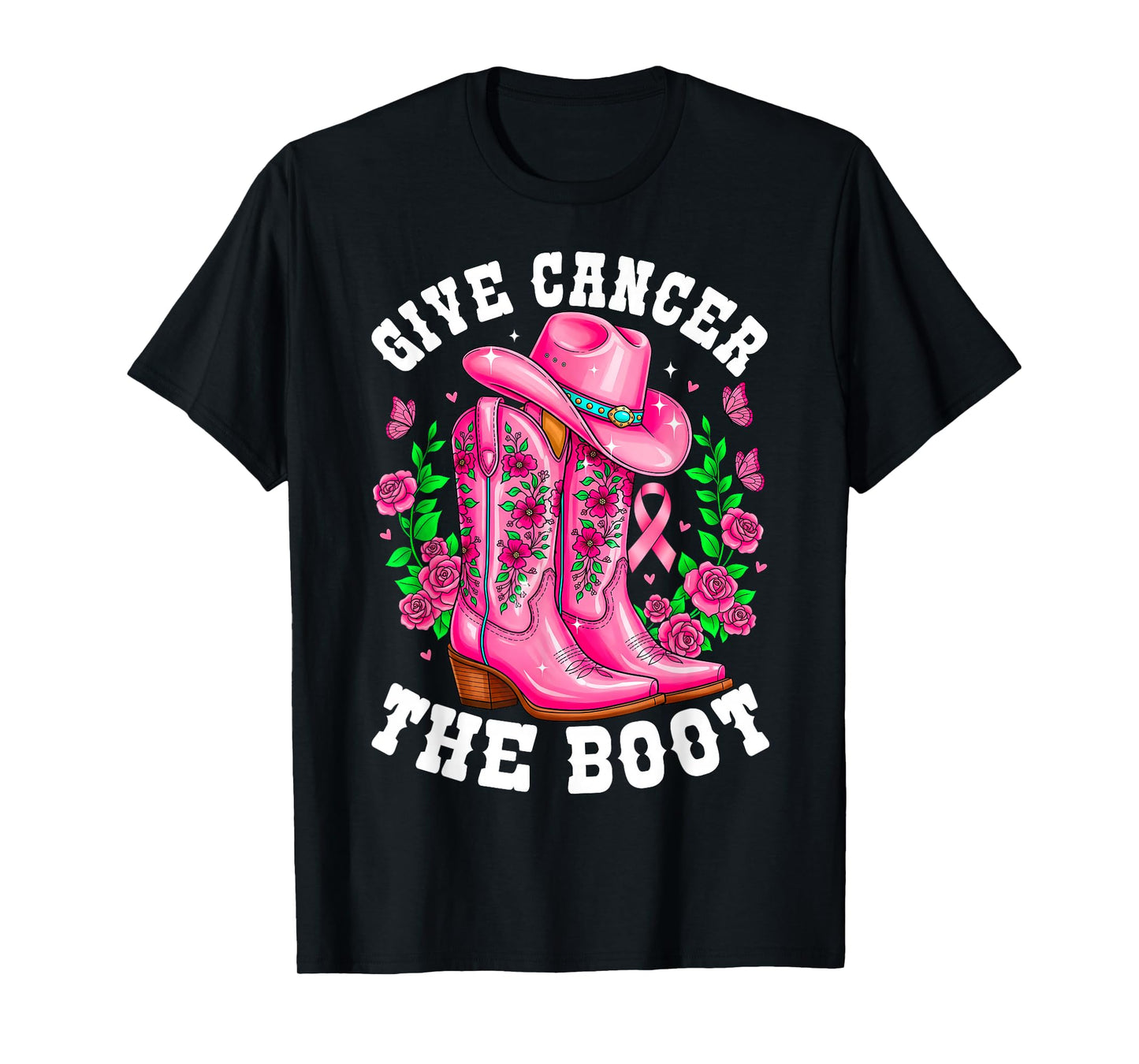 Give Cancer The Boot Cowgirl Breast Cancer Awareness Ribbon T-Shirt