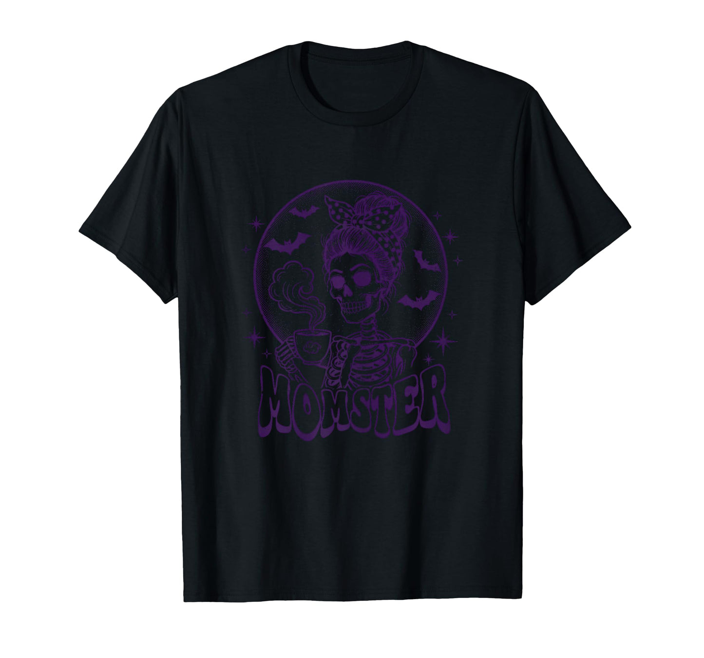Vintage Halloween Momster Messy Hair Bun Skull Monster Mom T-Shirt