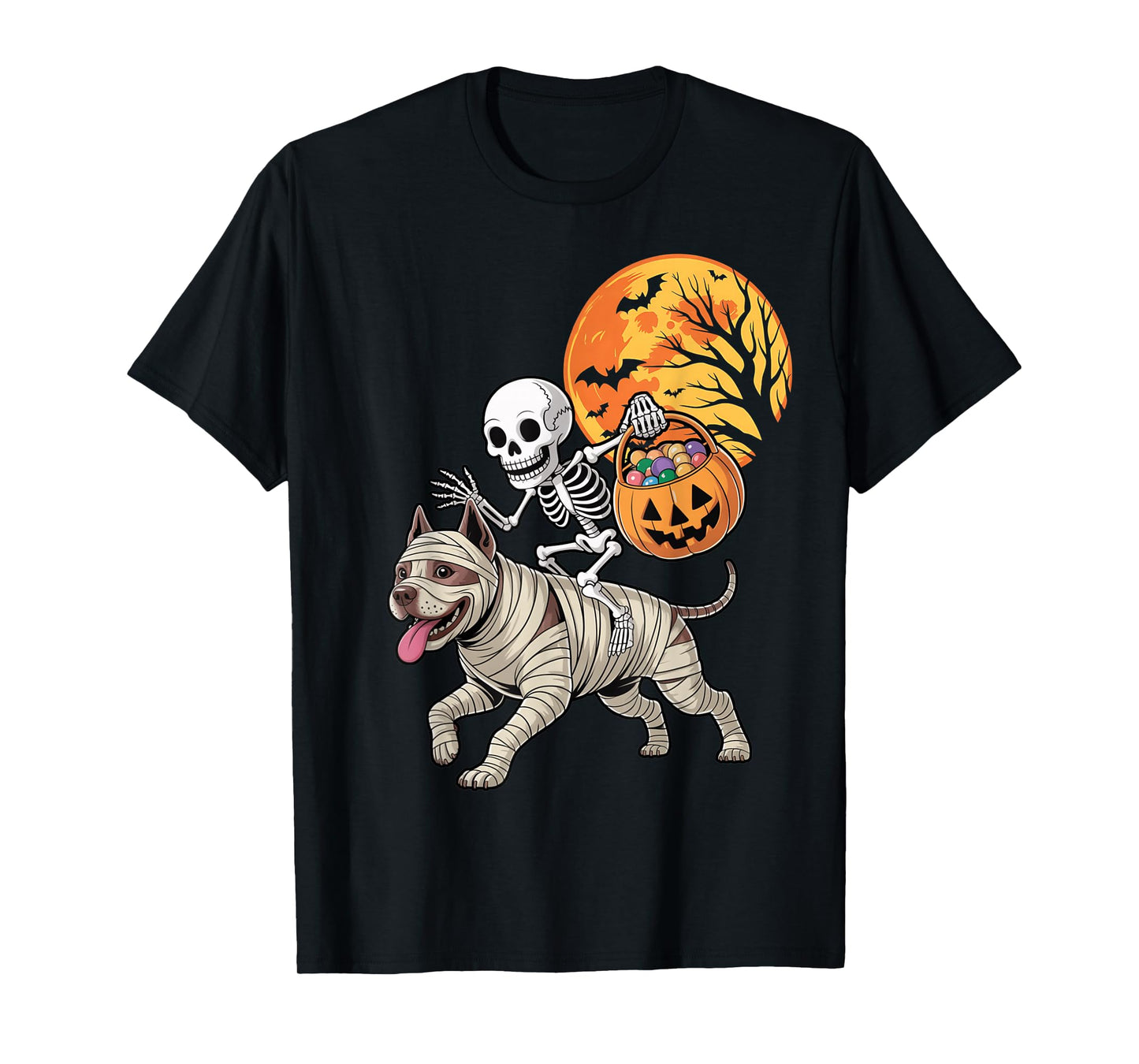 Funny Skeleton Riding Mummy Pitbull Dog Women Men Halloween T-Shirt