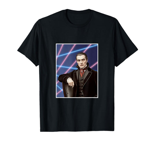 Dracula Vampire 80s School Photo Laser Background Halloween T-Shirt