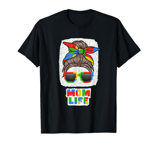 Mom Life Cute Messy Bun Master Builder Building Blocks Women T-Shirt