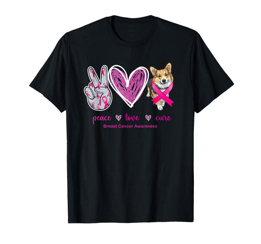 Peace Love Cure Corgi Dog Breast Cancer Awareness T-Shirt for Men Women