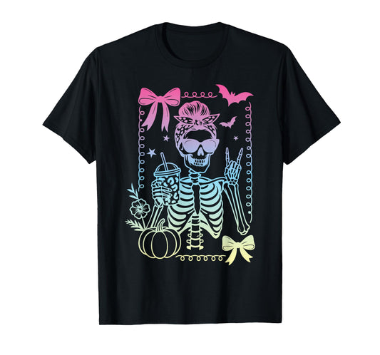 Coquette Bow Skeleton Coffee Pastel Goth Witch Girl Boo-JEE T-Shirt