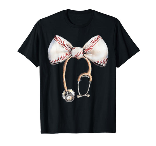 Coquette Bow Stethoscope Baseball Nurse RN Baseball Mama T-Shirt