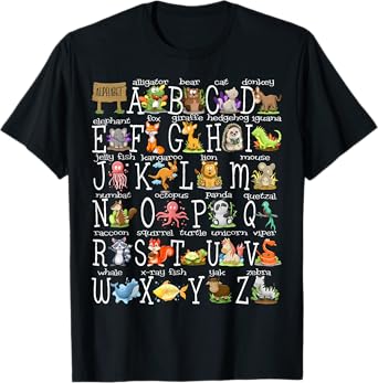 Alphabet Animals Back to School Pre-K Kindergarten Teacher T-Shirt for Men Women Girls Kids