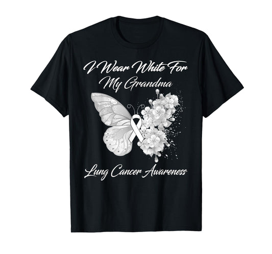 Butterfly I Wear White For My Grandma Lung Cancer Awareness T-Shirt