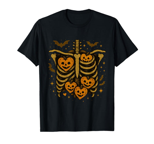 Cute Halloween Skeleton Ribcage Hearts Pumpkin Art T-Shirt