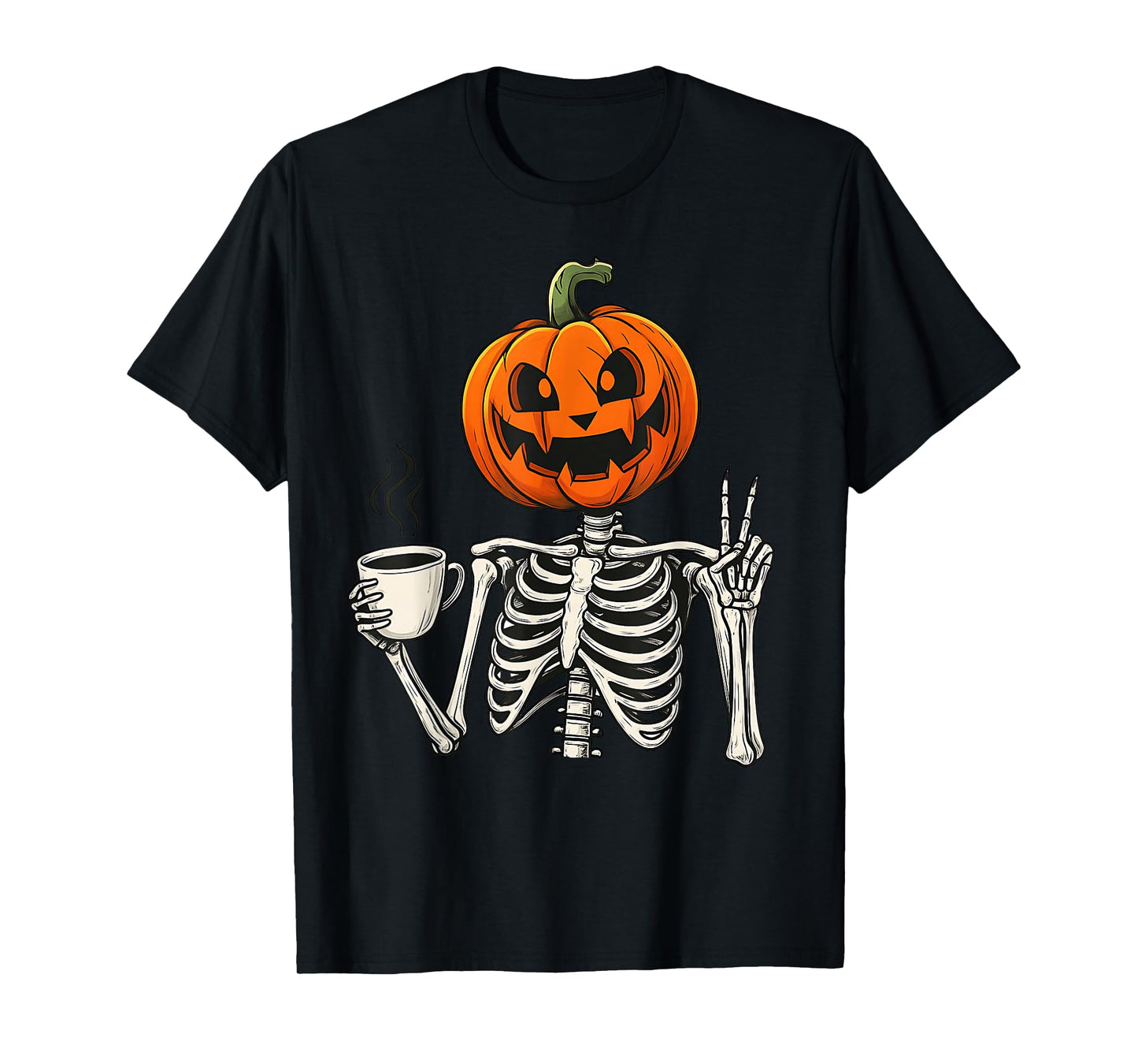 Kawaii Coffee Drinking Skeleton Pumpkin Halloween Costume T-Shirt