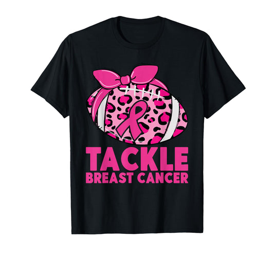 Tackle Breast Cancer Awareness Pink Ribbon Leopard Football T-Shirt