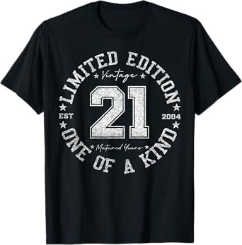 Retro One Of a Kind Shirts For Men Women 2025 21 Year Old Gifts Vintage 2004 Limited Edition Unisex-Adults T-Shirt Black Small Crew Neck Classic Fit Short Sleeve Number Letter Print 21st Birthday Gift