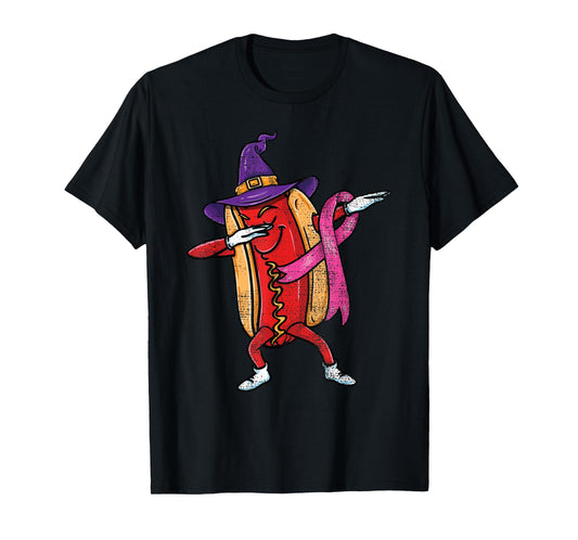 Dabbing Hot Dog Halloween Breast Cancer Awareness T-Shirt