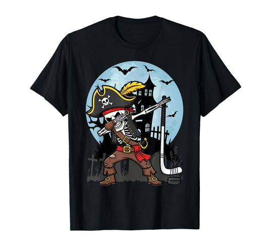 Dabbing Skeleton Pirate Hockey Lover Halloween Costume T-Shirt