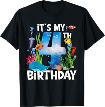 Kids 4 Year Old Ocean Life Whale Dolphin Shark 4th Birthday T-Shirt