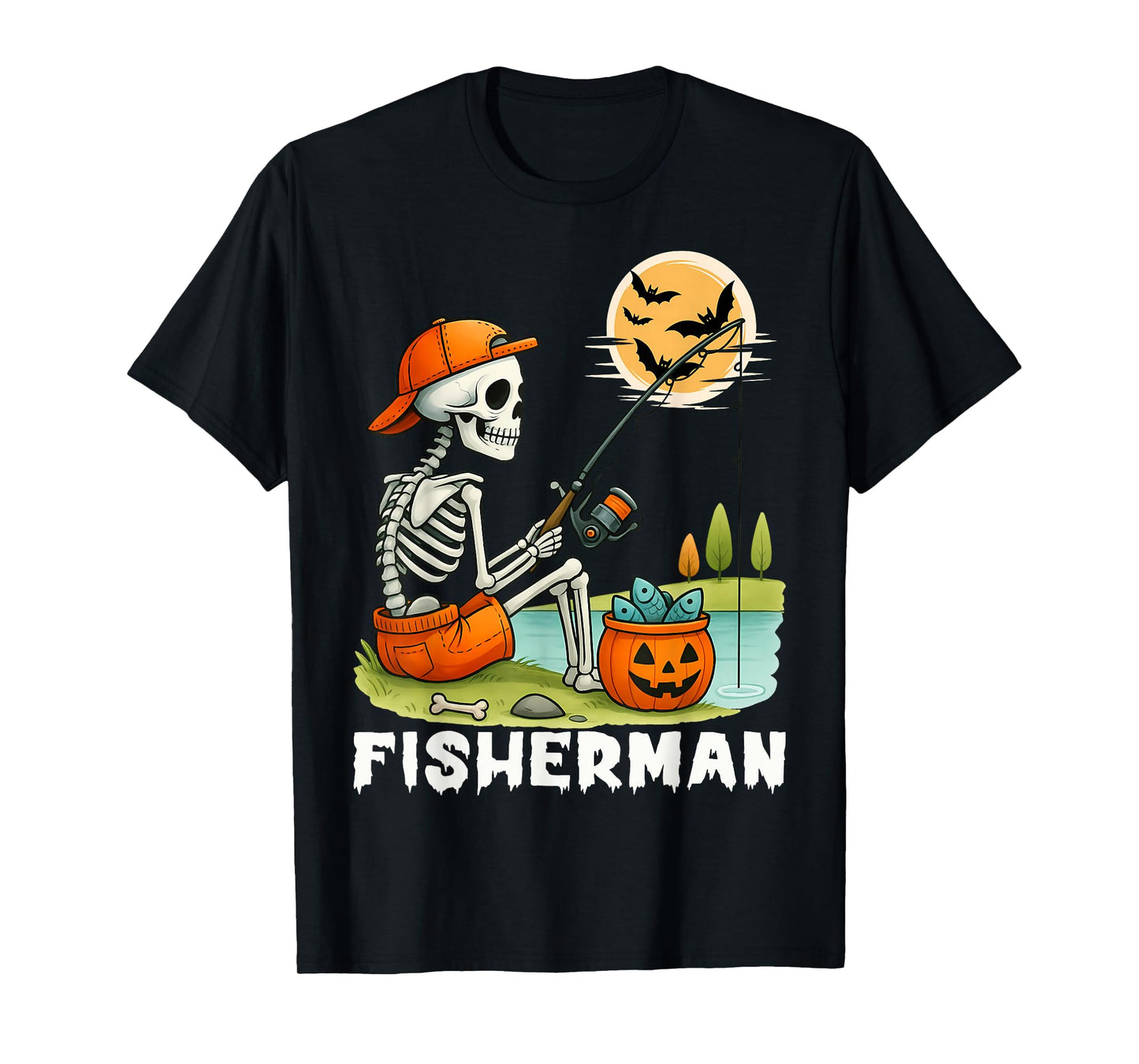 Skeleton Fisherman Halloween Fishing Men Women Kids T-Shirt