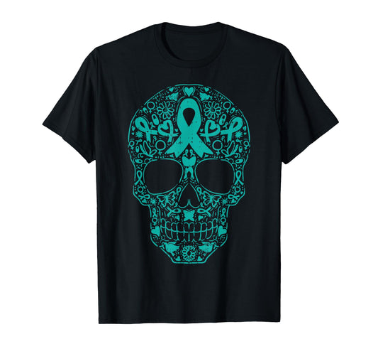 Sugar Skull Teal Ribbon Ovarian Cancer Awareness Mexican T-Shirt