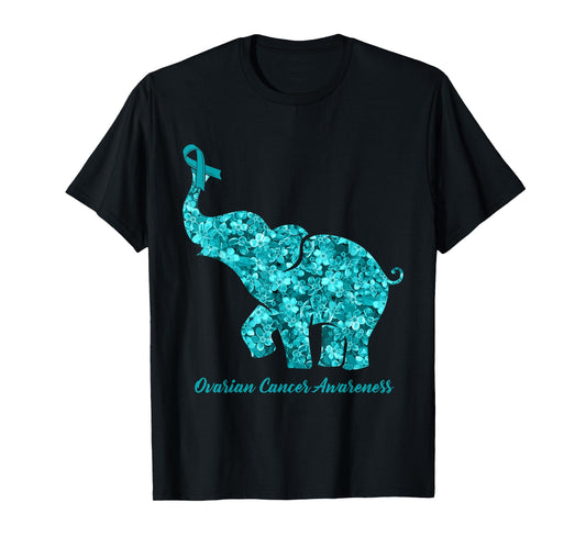 Flower Elephant Teal Ribbon Ovarian Cancer Awareness T-Shirt