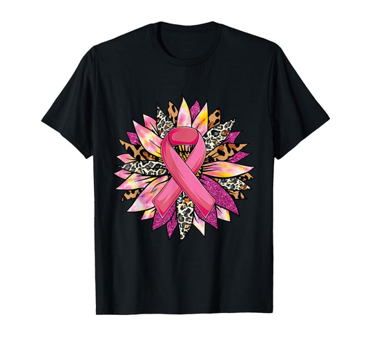 Sunflower Breast Cancer Awareness Leopard Sunflower Ribbon T-Shirt