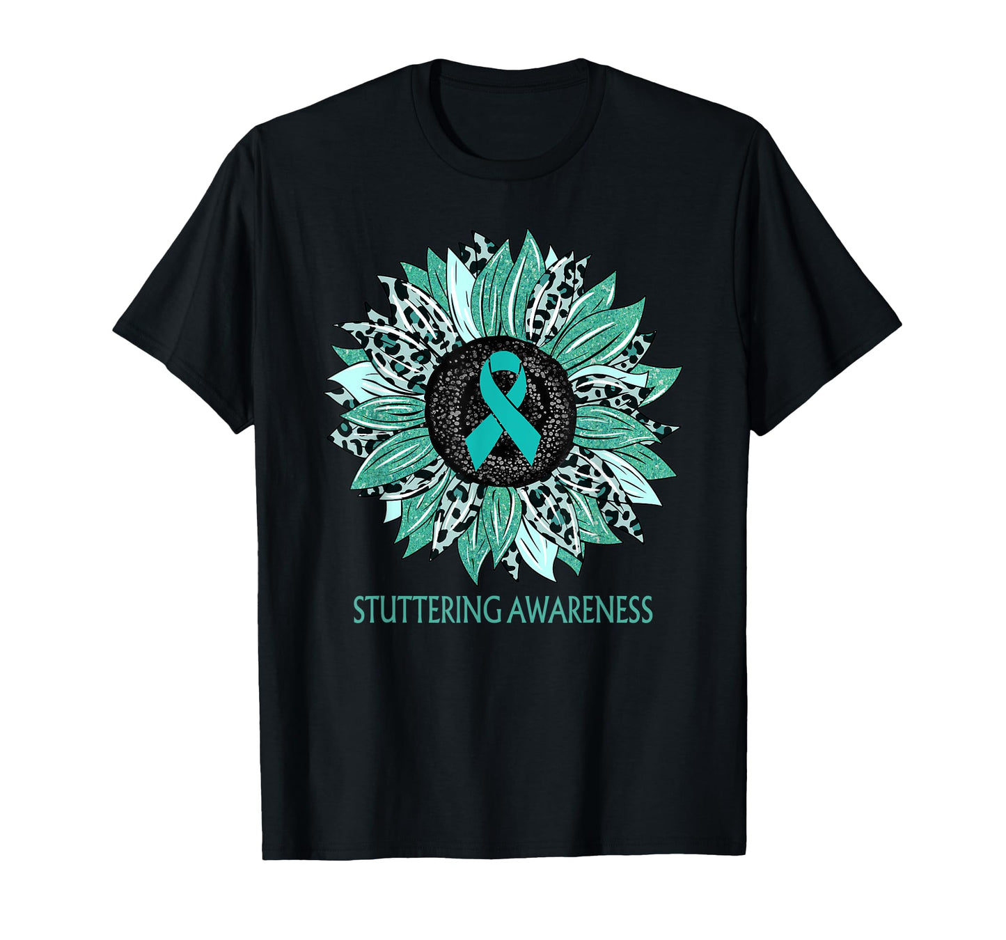 Leopard Sunflower Stuttering Awareness Teal Ribbon T-Shirt