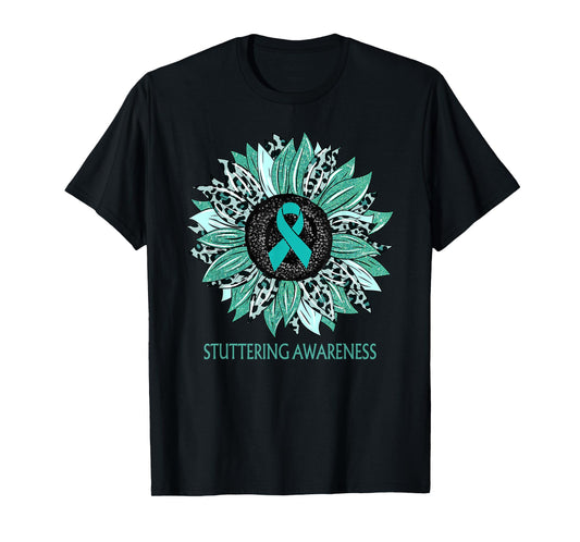 Leopard Sunflower Stuttering Awareness Teal Ribbon T-Shirt
