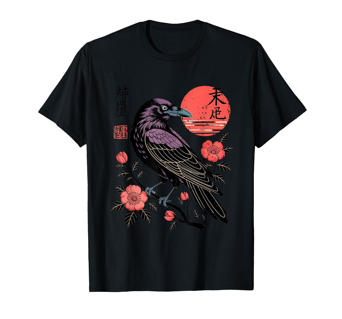 Raven with Poppies Moon and Flowers Gothic Botanical Crow T-Shirt