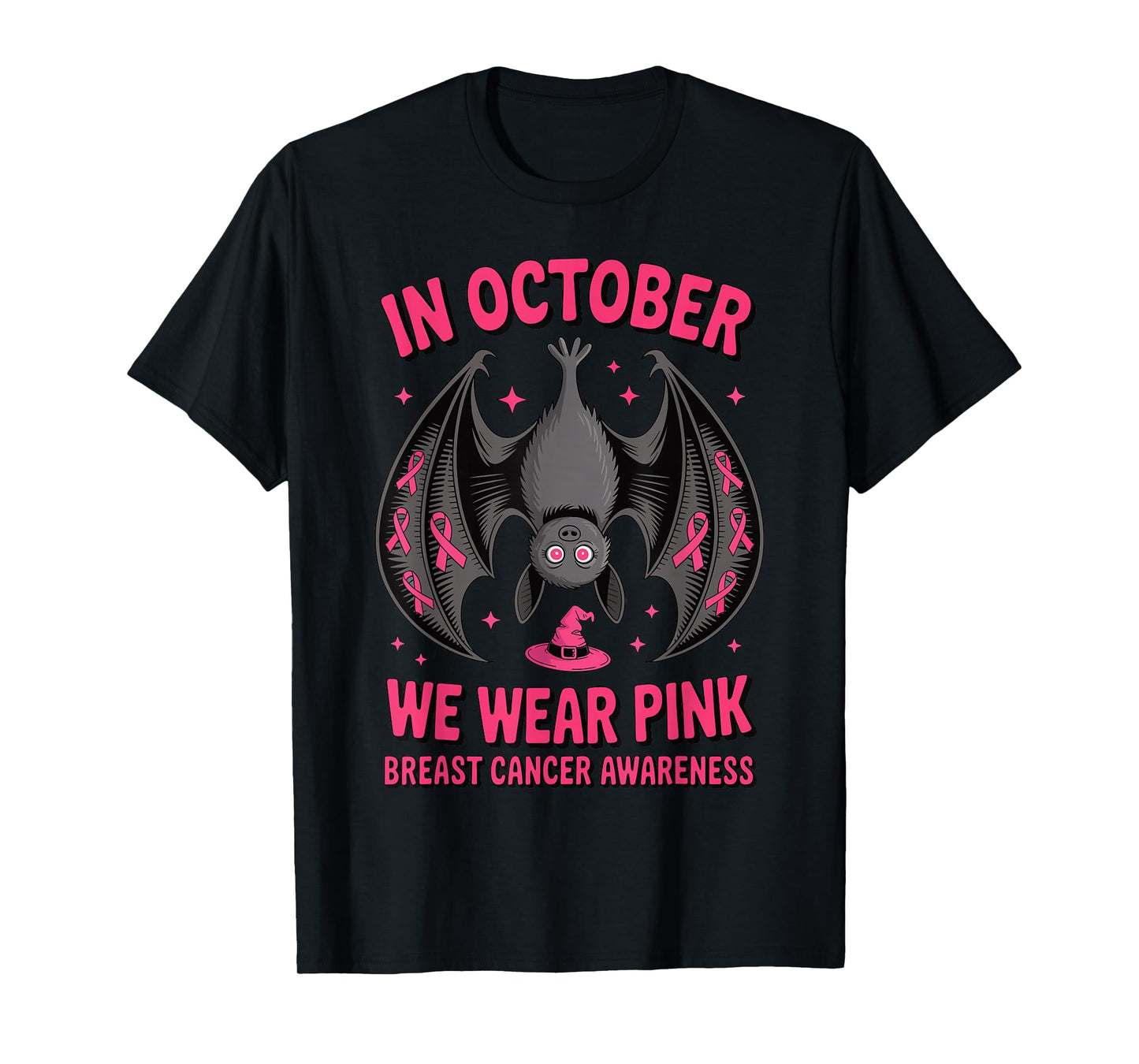 We Wear Pink in October Breast Cancer Bat Women Halloween T-Shirt