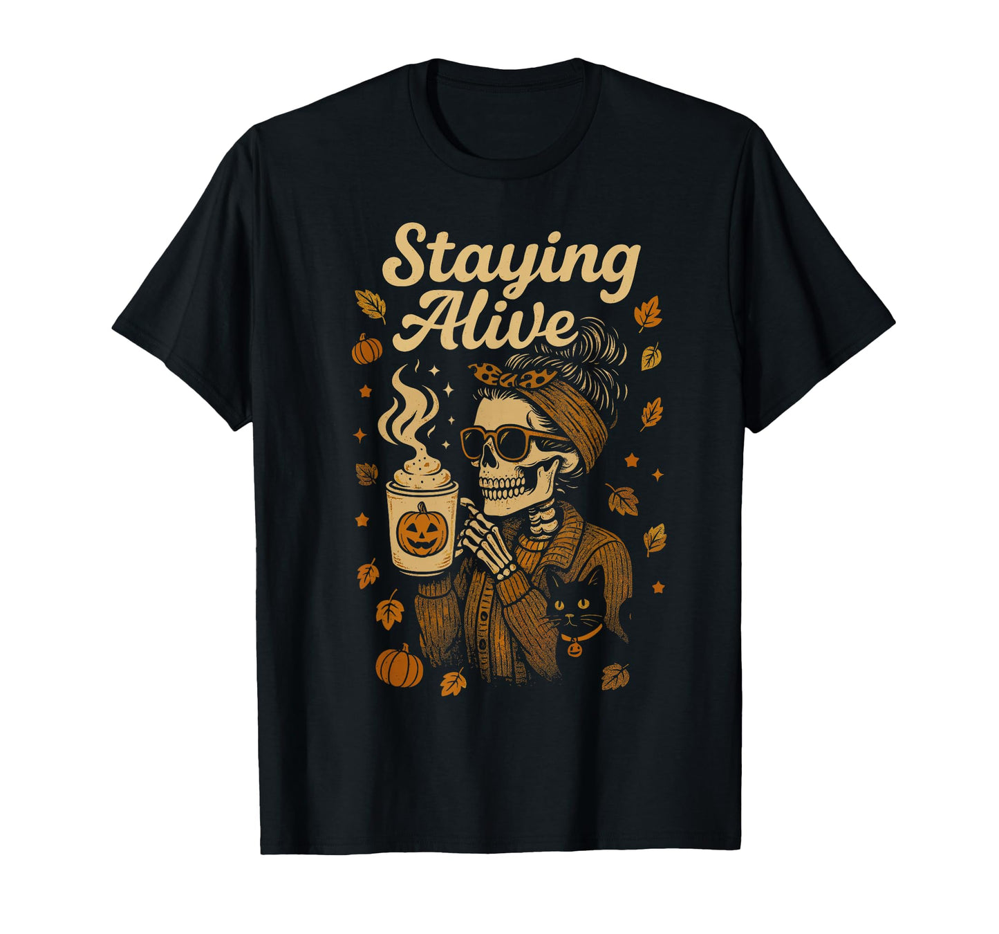 Staying Alive Skeleton Coffee Lover Retro Halloween T-Shirt