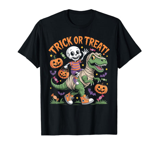 Cute Dino Halloween Skeleton Riding Mummy Dinosaur Rex Kids T-Shirt