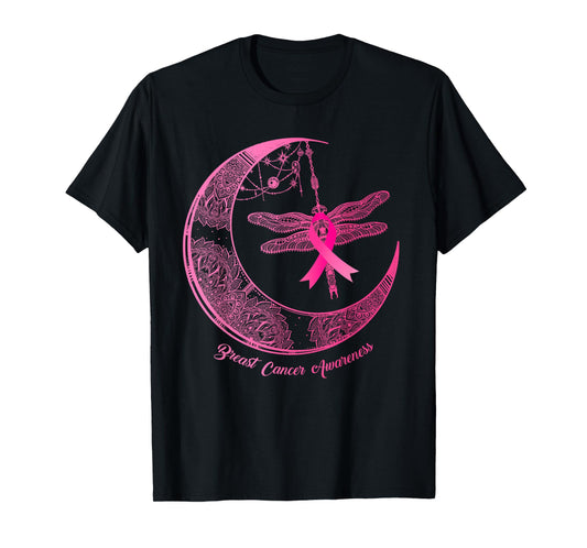 Henna Moon Dragonfly Pink Ribbon Breast Cancer Awareness T-Shirt