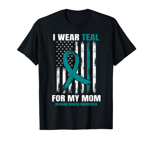 Teal Mom Ovarian Cancer Awareness Products American Flag T-Shirt