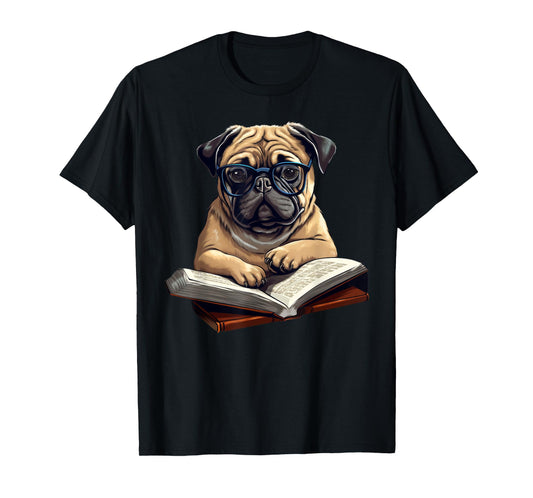 Cute Cottagecore Aesthetic Dog Pug Reading Book T-Shirt