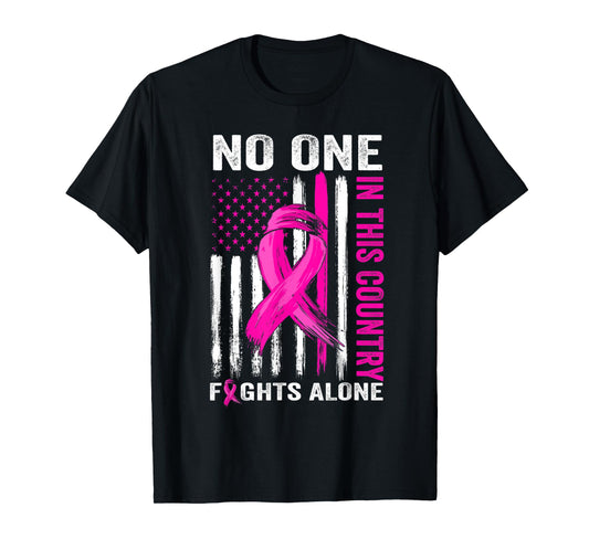No One Fight Alone Breast Cancer Warrior US Flag Pink Ribbon T-Shirt
