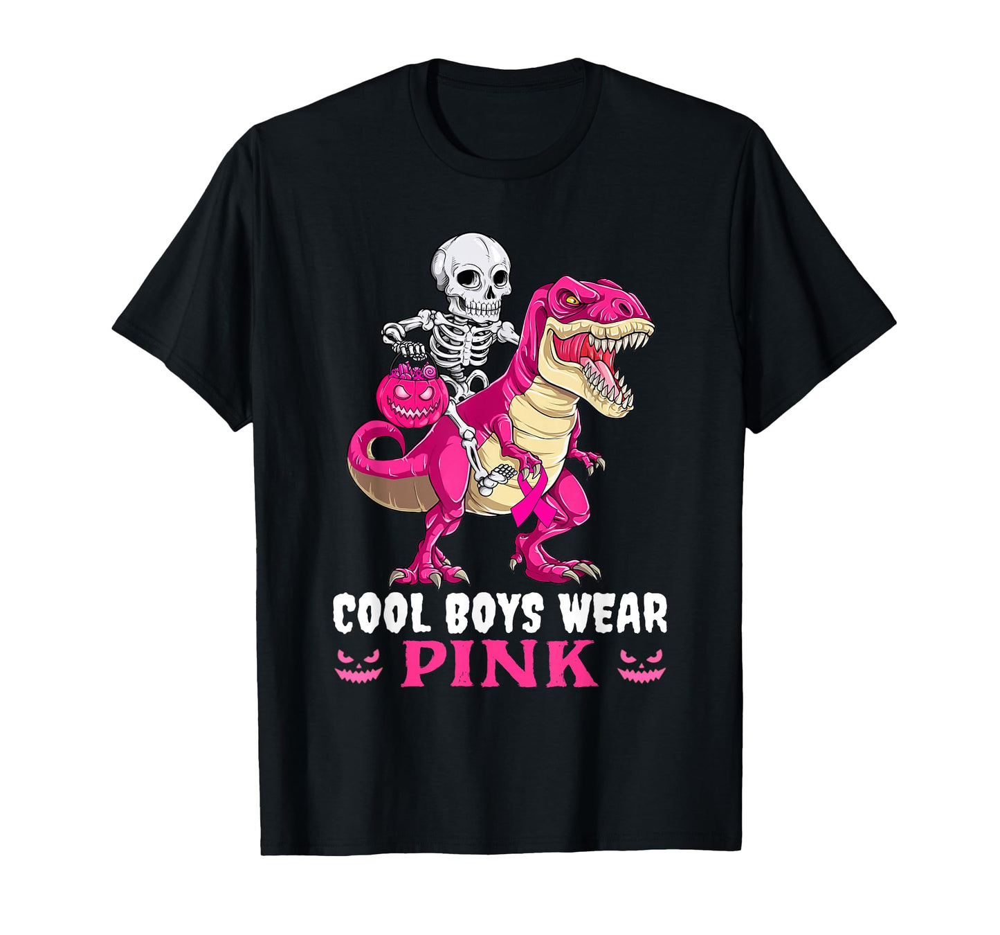 Cool Boys Wear Pink Skeleton and Dinosaur Breast Cancer T-Shirt