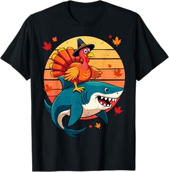 Funny Shark & Turkey Thanksgiving Day Kids Harvest Festival T-Shirt