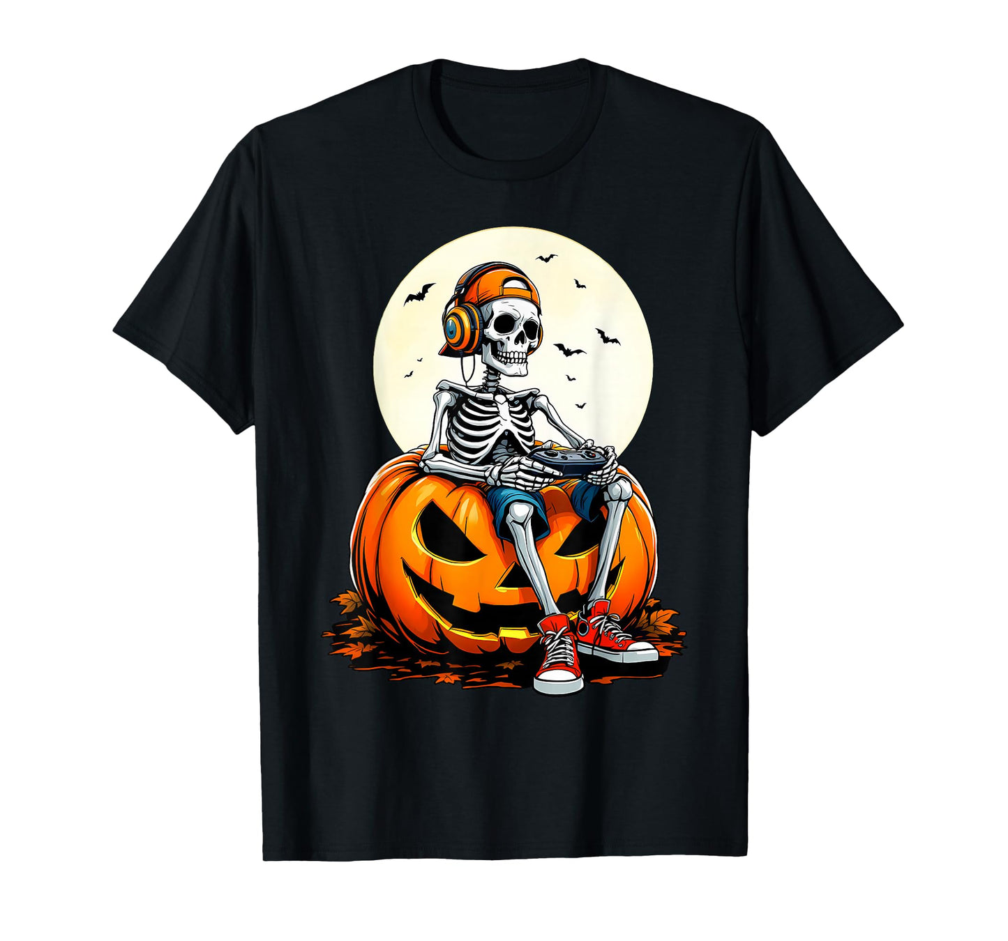 Spooky Pumpkin & Skeleton Gamer Tee | Boys & Kids Halloween T-Shirt