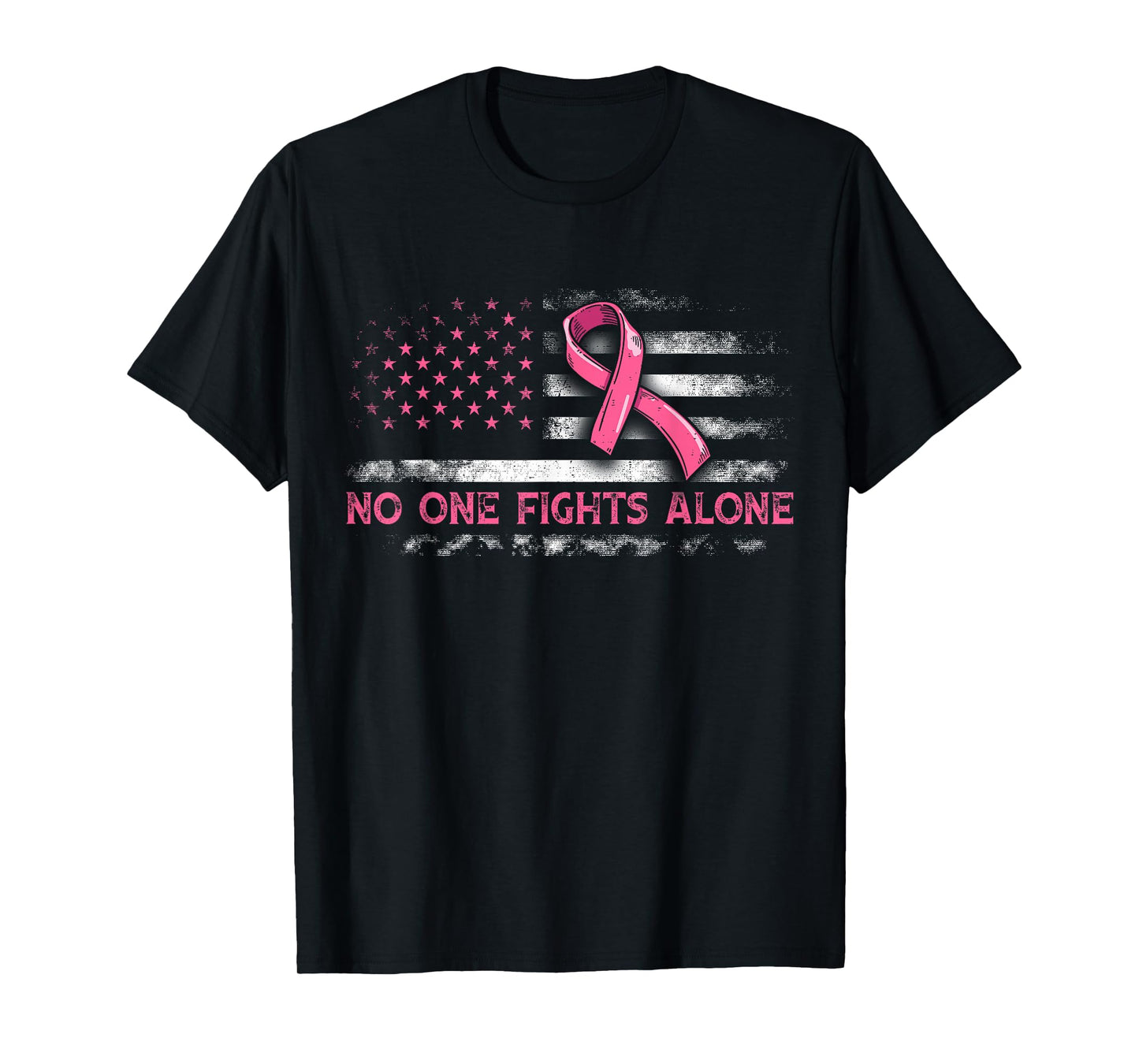 No One Fights Breast Cancer Alone American Flag Pink Ribbon T-Shirt