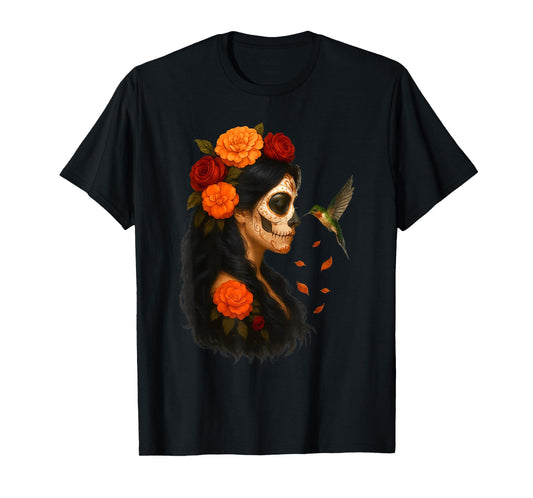 De Los Muertos La Catrina Sugar Skull Hummingbirds Flowers T-Shirt