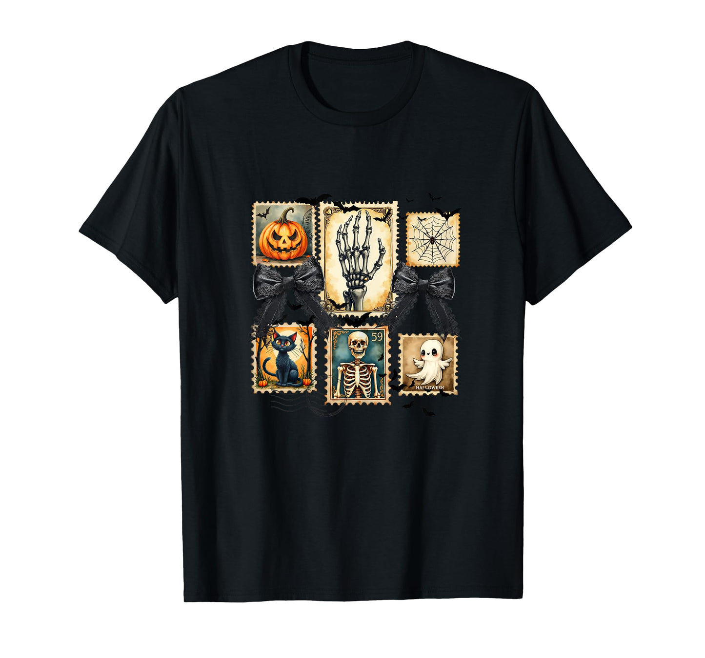 Vintage Halloween Skeleton Cat Ghost Pumpkin Art T-Shirt