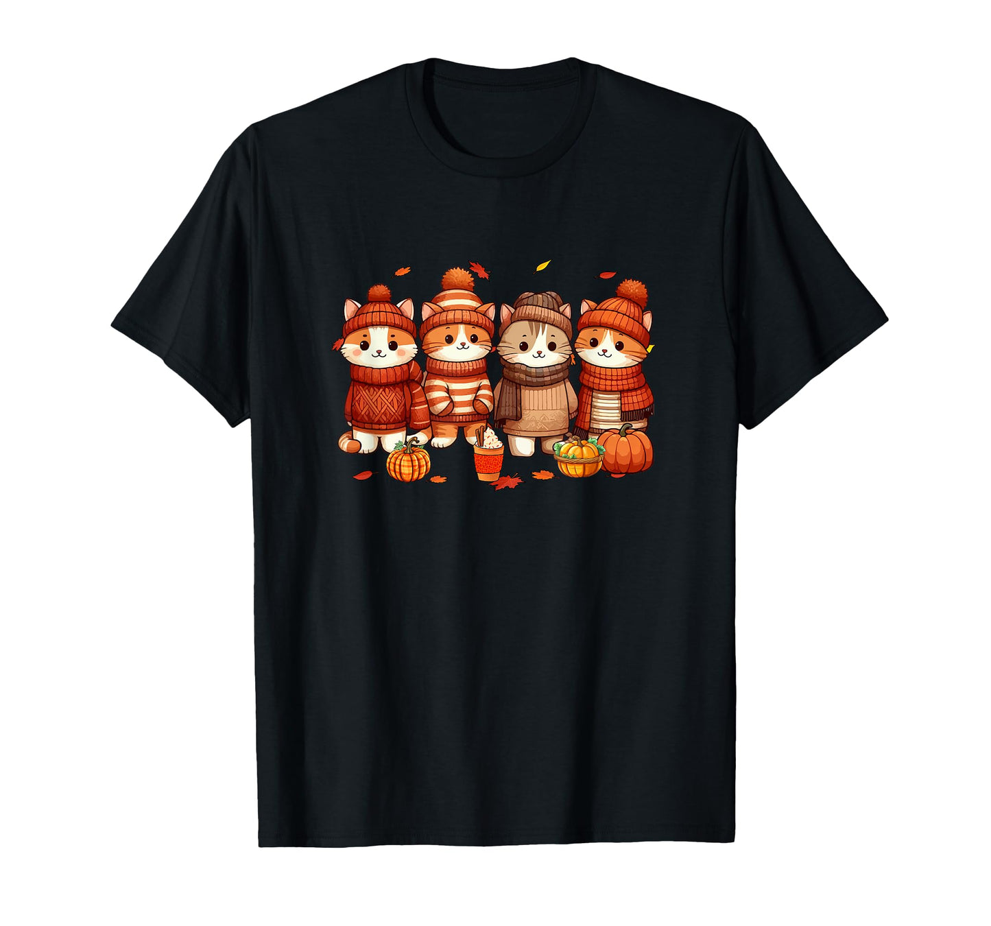 Group Cats Thanksgiving Pilgrim Fall Leaves Pumpkins T-Shirt