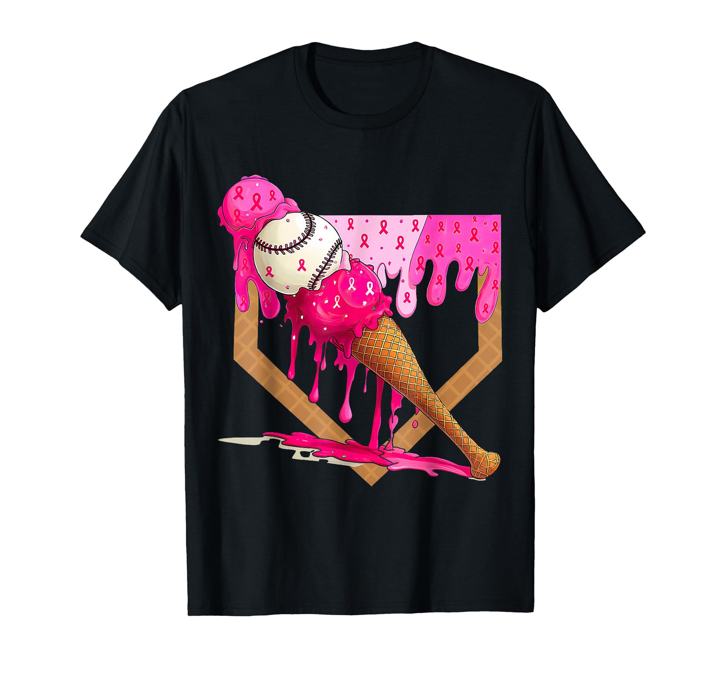 Baseball Drip Pink Ice Cream Drip Breast Cancer Awareness T-Shirt