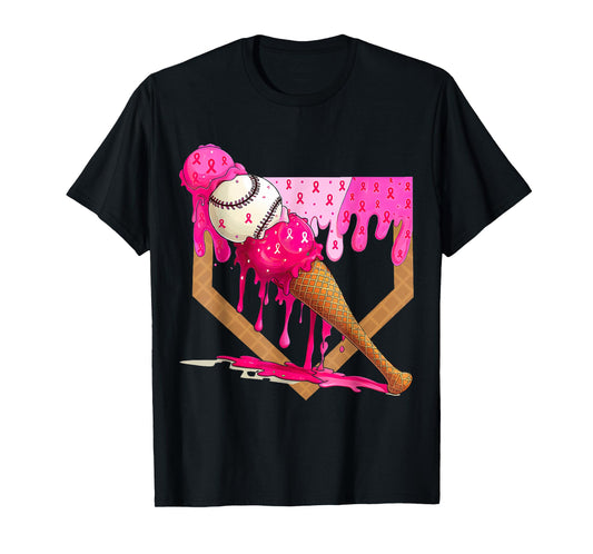 Baseball Drip Pink Ice Cream Drip Breast Cancer Awareness T-Shirt
